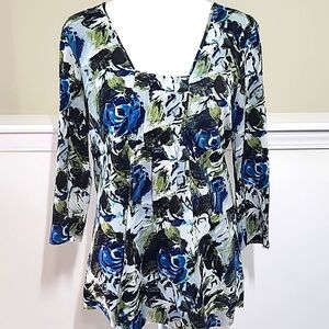 Ann Taylor blue and green floral print 3/4 sleeve empire waist flowy blouse SZ L